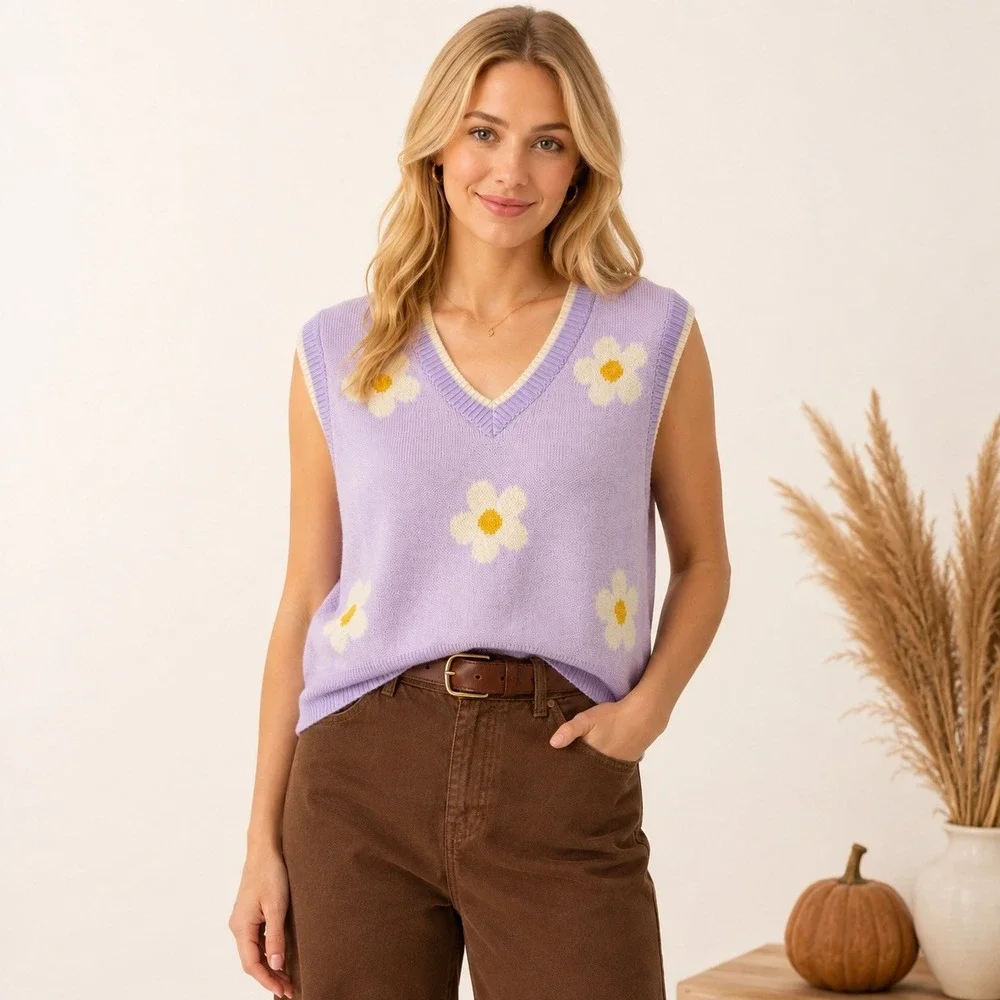 Pull&Bear Y2K Soft Indie Whimsy Lavender Daisy Floral Knit V-Neck Sweater Vest
